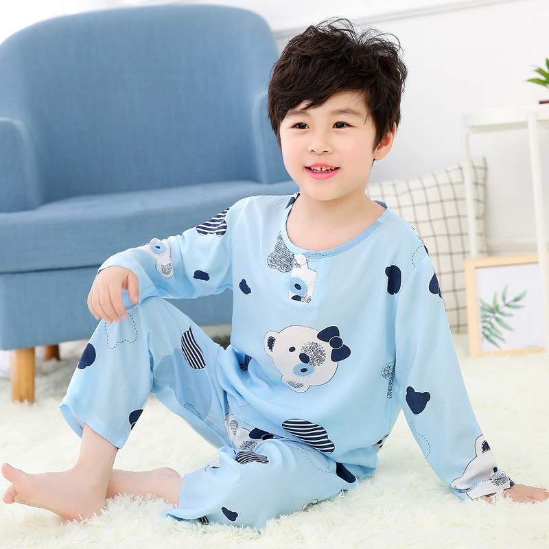 Summer cotton silk pyjamas children baby boy's silk round neckline with long sleeves loose and thin suit artificial cotton home clothes