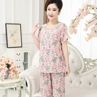 Mùa hè cotton lụa của phụ nữ đồ ngủ trung niên mẹ nhân tạo cotton phù hợp với cotton tay ngắn quần cổ tròn áo len nhà dịch vụ - Nam giới đồ ngủ nam mùa đông