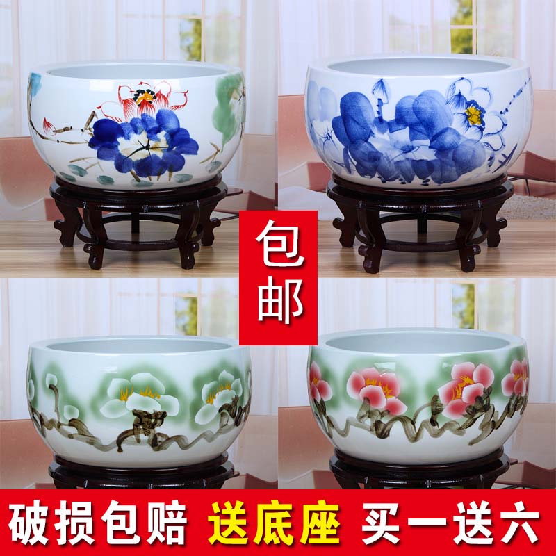 Household Jingdezhen ceramic blue and white porcelain water shallow goldfish turtle jar water lily daffodil flowerpot ornaments