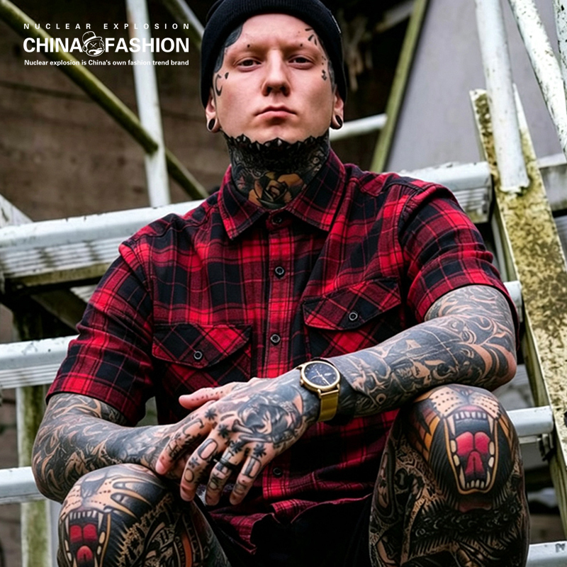 Nuclear Explosion Truck Driver American Country Style Pure Cotton Loose Short-Sleeved Shirt Classic Versatile Red and Black Plaid Shirt for Men