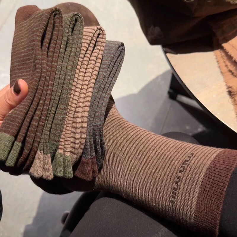 Socks for Autumn and Winter, New Old Money Style, Cocoa Moss Hot-Selling Retro Striped Breathable Versatile Letter Socks for Women