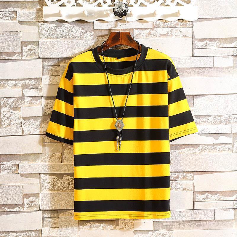 2021 Summer Hong Kong Style Yellow Striped Short-Sleeve T-Shirt for Men, Internet Celebrity Round-Neck Short-Sleeve T-Shirt, Loose Trendy Top for Students 2021 Summer Hong Kong Style Yellow Striped Short-Sleeve T-Shirt for Men, Internet Celebrity Round-Neck Short-Sleeve T-Shirt, Loose Trendy Top for Students