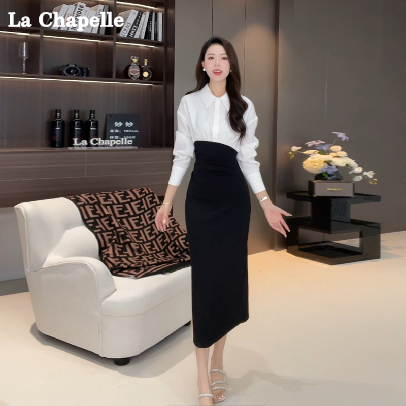 La Chapelle French-Style Shirt Dress for Women, Spring Black and White Patchwork, Suitable for Commuting and Formal Occasions, Exquisite Bodycon Long Dress