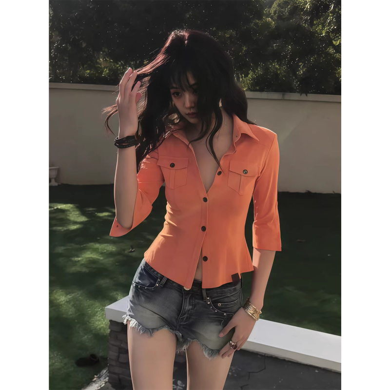 American Retro Design Orange Suede Half-Sleeve Shirt for Women, Spring Waist-Cinching Slimming Hot Girl Shoulder Pad Work Shirt American Retro Design Orange Suede Half-Sleeve Shirt for Women, Spring Waist-Cinching Slimming Hot Girl Shoulder Pad Work Shirt