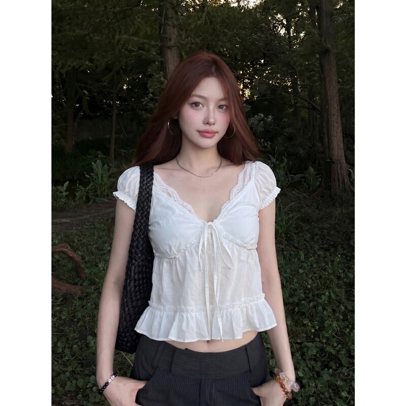 Skin-Friendly, Breathable, Sweet-Style White V-Neck Ruffle Sleeve Shirt for Women, Summer Lace Babydoll Shirt, Short-Sleeved Top