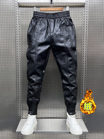 Winter new men's fleece thickened casual elastic motorcycle leather pants black warrior pants windproof waterproof warm trousers