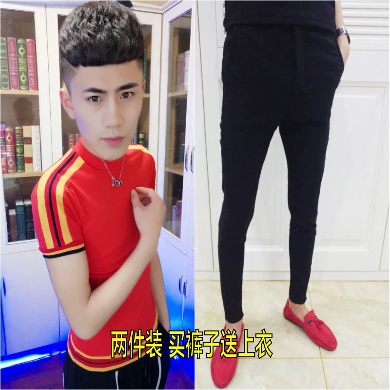 Bộ đồ đỏ nam mùa hè 2018 mới tinh thần xã hội anh chàng tay ngắn tự trồng hai mảnh màu đỏ nhanh chóng cùng đàn ông đồ bộ kiểu