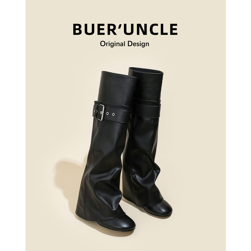 Genuine Leather ~ Detachable Leg Booties for Women, Chunky High Heels, Belt Buckle, Two-Way Wear, Over-The-Knee Riding Boots Genuine Leather ~ Detachable Leg Booties for Women, Chunky High Heels, Belt Buckle, Two-Way Wear, Over-The-Knee Riding Boots
