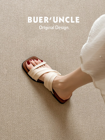 羊皮版！厚底方头一字带凉拖鞋女外穿夏2025新款复古气质两穿凉鞋