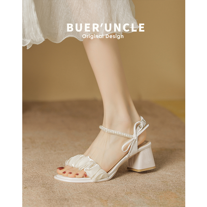 Not Two Shoes Workshop High Heel Sandals Women Summer 2022 New Line With Butterfly Knot Pearl Coarse Heel Women's Shoes