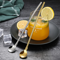 304 stainless steel straw spoon dual-purpose Net red straw creative environmental protection drinking tube mixing spoon juice suction tube spoon