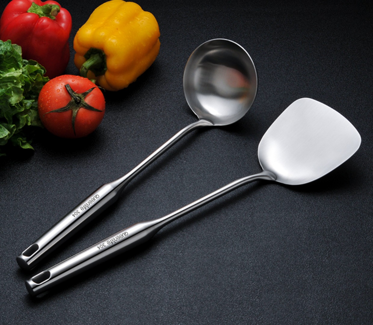 Đức 304 inox thìa dụng cụ nhà bếp dày tay cầm dài hộ gia đình một muỗng sắt chiên xẻng nấu ăn vật dụng nhà bếp