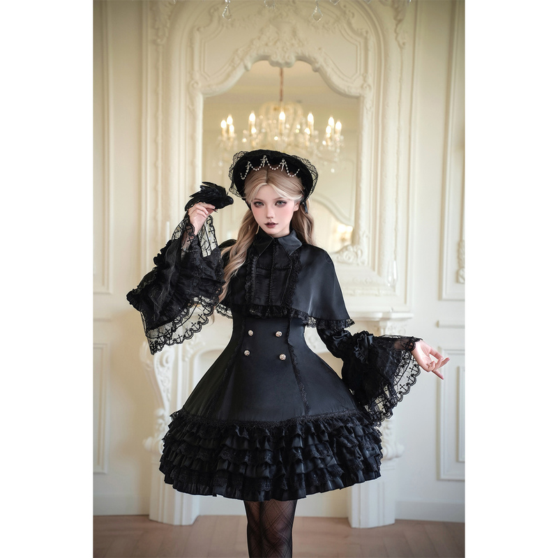 【Blackshamrock】Original Gothic Dark Spider Web Retro Waist-Cinching Cross Cape Dress