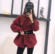 2018 mùa đông mới houndstooth áo khoác len nữ phù hợp với khí chất retro trong phần dài của thắt lưng với thắt lưng