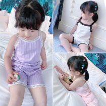 Childrens pajamas summer thin cotton 1-3 year old girl air-conditioned clothing little girl baby sling home suit 5