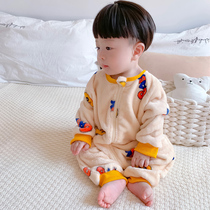 Children conjoined pyjamas flannel boy autumn winter thickened anti-kick coral suede sleeping bag baby babys home clothes
