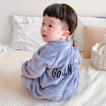 Autumn and winter childrens flannel one-piece pajamas thickened one-year-old boy baby female baby anti-kick sleeping bag home clothes
