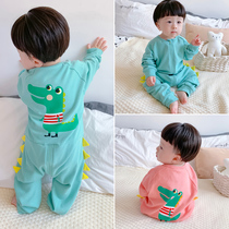 Children conjoined pyjamas spring autumn season pure cotton 1-year-old 3 baby female baby climbing to 5 anti-kick cute boys home dress