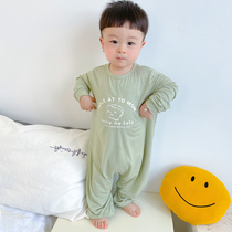 Childrens one-piece pajamas spring and Autumn thin long-sleeved modal baby baby boy anti-kick air conditioning home clothes summer