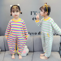 Childrens one-piece pajamas Spring and Autumn girls striped home clothes Long-sleeved summer little virgin baby anti-kick air conditioning clothes