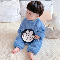 Childrens conjoined pajamas autumn and winter flannel thickened baby baby anti kick boy girl coral velvet home clothing