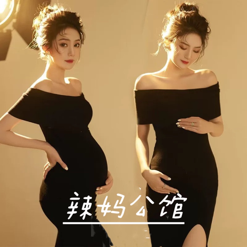 Photo Studio Maternity Photo Clothing Black Knitted Slimming Off-Shoulder Art Photo Studio Photo Shoot Photography Slit Dress