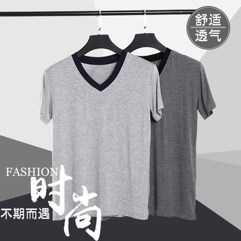 ຜູ້ຊາຍ summer striped v-neck ແຂນສັ້ນສີແຂງ