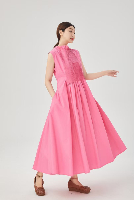 Zibu Yuyu 2025 Summer New High-End French Pleated Stand-Up Collar Sleeveless Slimming Mid-Length Dress for Women 2599