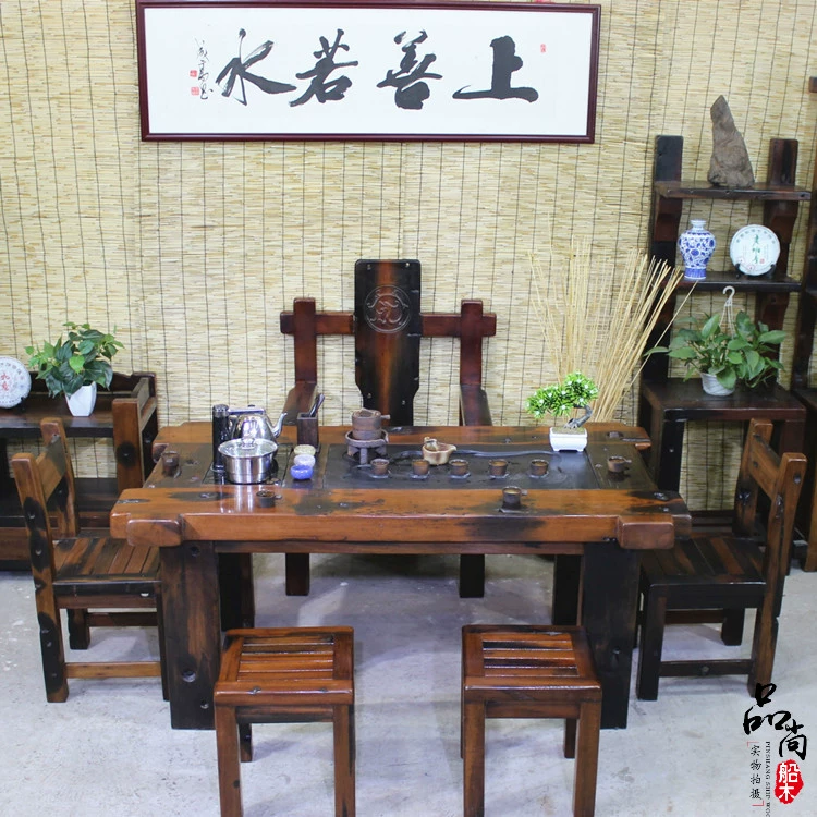 Thuyền cũ bàn trà gỗ kết hợp bàn cà phê gỗ rắn Trung Quốc đồ nội thất cổ ban công ngoài trời bàn trà bàn ghế Kung Fu bàn trà - Bàn trà