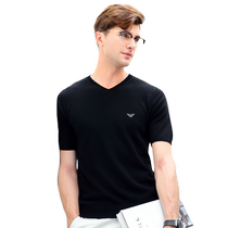 Armani sub-pure wool sweater mens short-sleeved V-neck spring and autumn mens sweater half-sleeved base knitted line thin