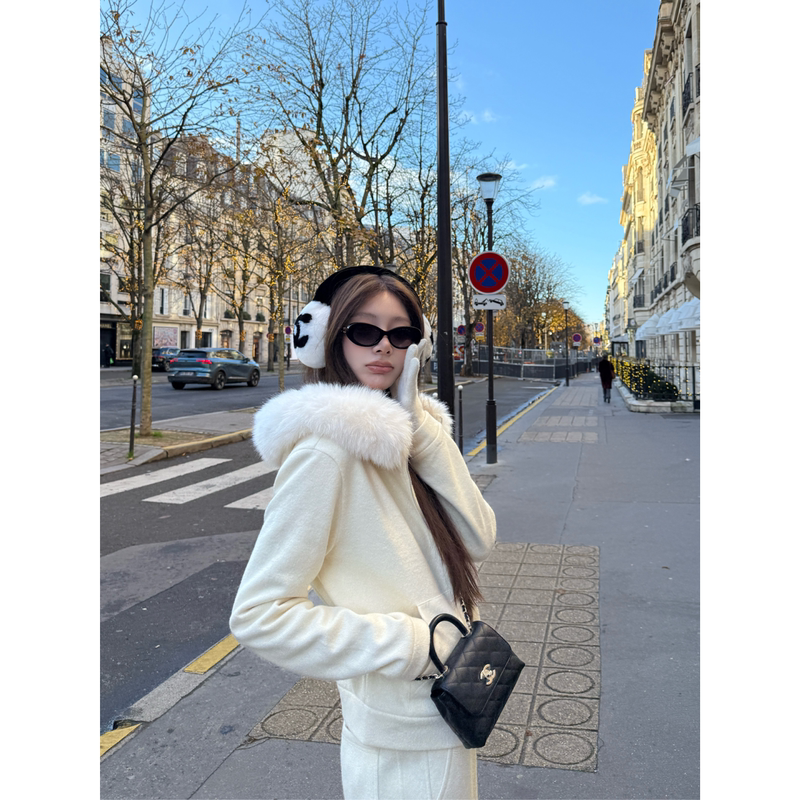 Yangzifan Little Warmer 3.0 Wool Blend Silver Fox Fur Set Imitation Fox Fur Collar Sweatshirt and Pants Set