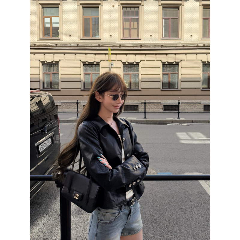 Yangzifan's Black Leather Jacket in the Same Style as Jennie'S, Parisian Style, Women's Biker-Style Short Jacket Yangzifan's Black Leather Jacket in the Same Style as Jennie'S, Parisian Style, Women's Biker-Style Short Jacket