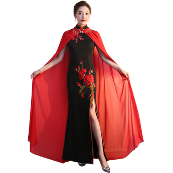 Qianbaishi official store Catwalk Cheongsam Chinese Style Stage Performance Costume Women's Long Cape Two-Piece Set with Fishtail