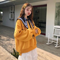 Autumn and winter New ins sweater Korean version of Tide plus velvet thick loose fake navy collar top 2021 size college style