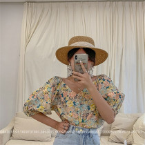 Spring and summer 2021 large size New French retro oil painting style shirt floral bubble sleeve loose short coat women