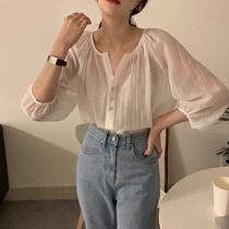 Summer New 2021 Korean Super fairy sweet lazy shirt loose large size seven-point sleeve Joker women