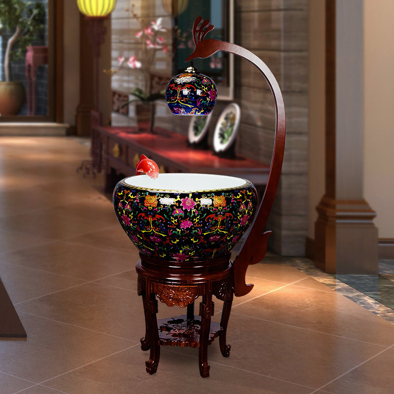 Extra-large Chinese fish tank pink fish tank fish farming basin circular indoor gold fish tank porcelain living room home with lamp Jingdezhen