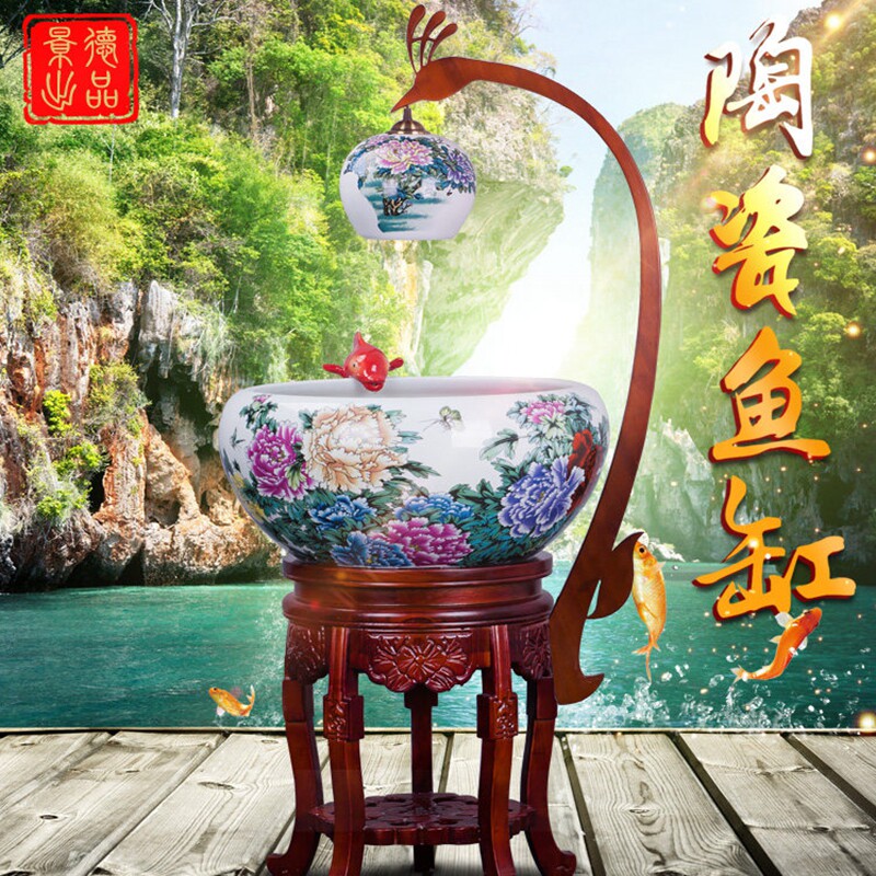 Extra large Jingdezhen Chinese blue and white ceramic fish tank fish tank cycle indoor goldfish tank porcelain living room household with lamp