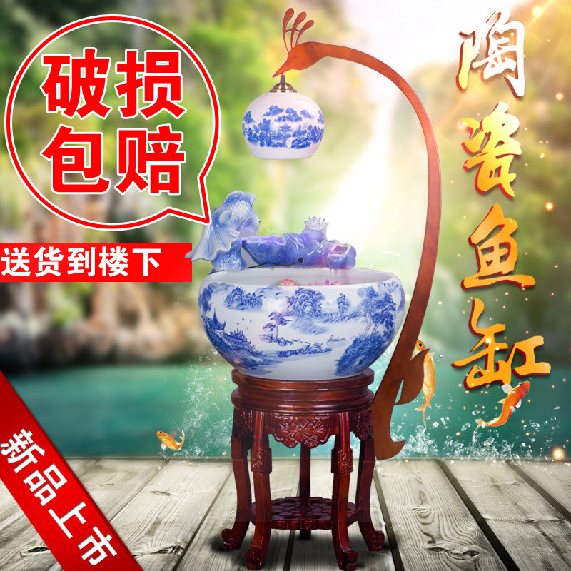 Jingdezhen Ceramic Green Flower Gold Fish Tank Cycle Feng Shui Atomization Large Fish Tank Living Room Recruiting and Gold Fish tank Office