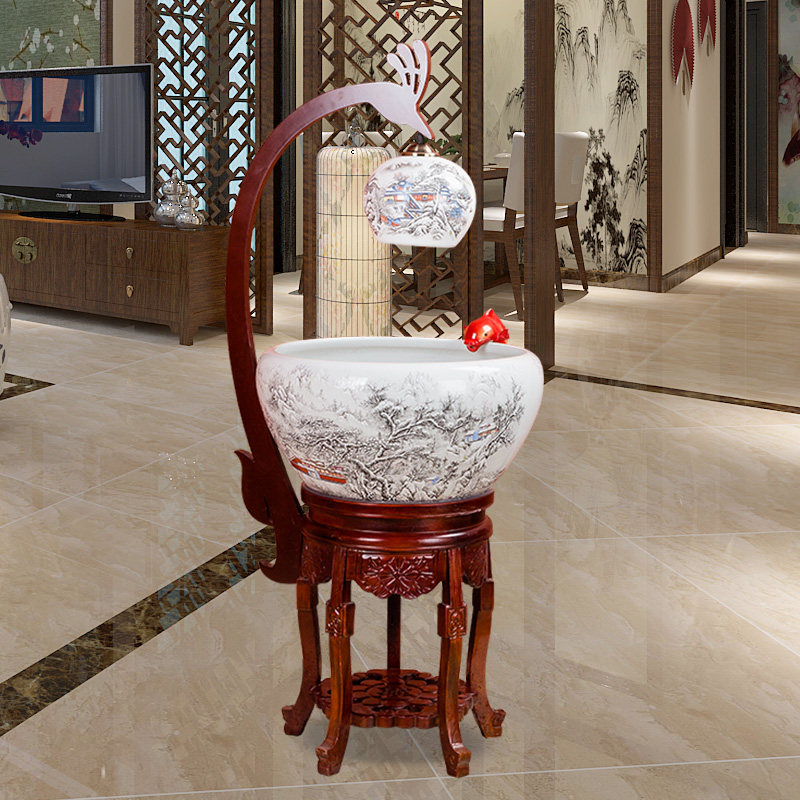 Mega Jingdezhen Chinese Style Pendulum ceramic fish tank Fish Tank Cycle Indoor Gold Fish Tank Porcelain Living-room Home with lamp