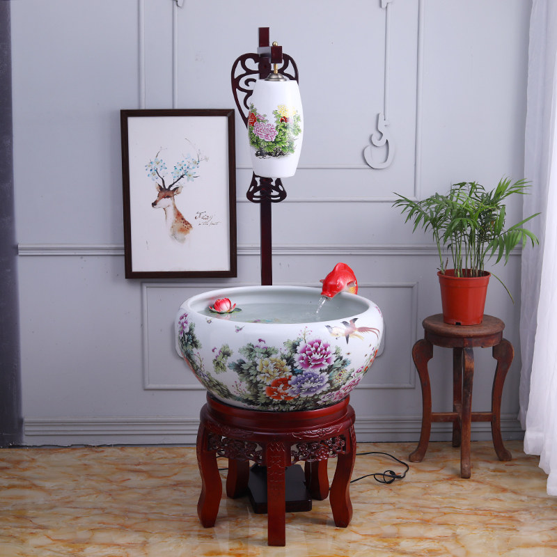 Jingdezhen Ceramic Ware Gold Fish Tank Round Circulation Filter Water Jet Fish Basin Office Feng Shui Cylinder Living Room With Lamp