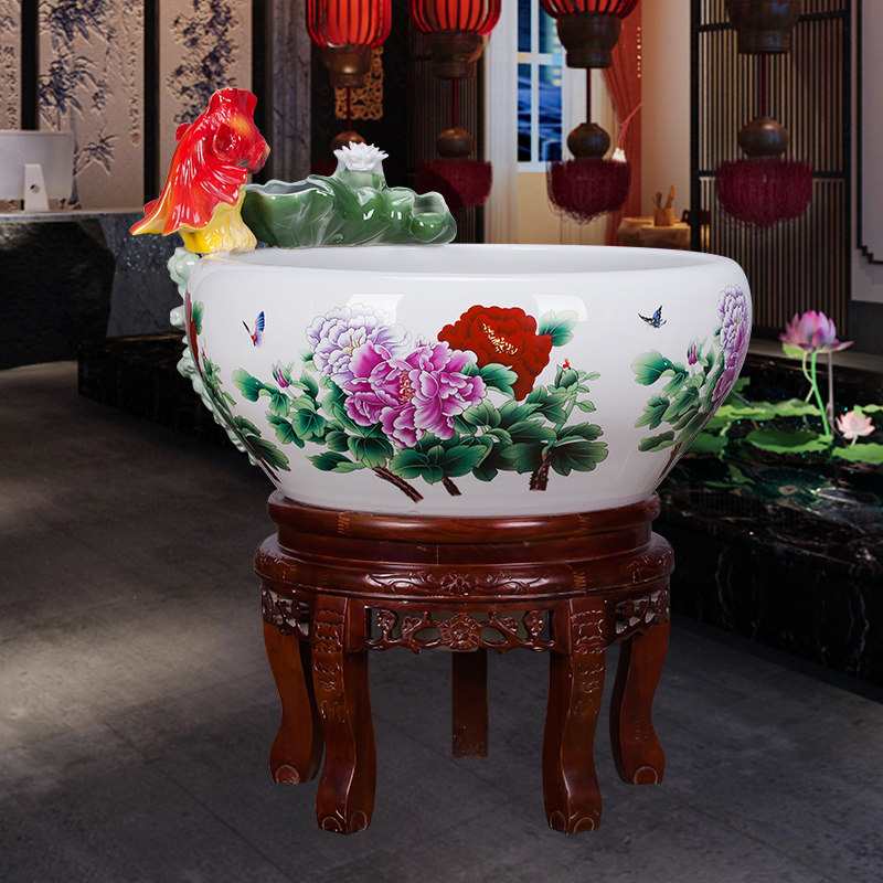 Ceramic Chinese gold fish tank villa Courtyard Lotus Flower Vat Filter Sleeping Lotus cylinder Home Living room Fung Feng Shui Cylinder Pendulum