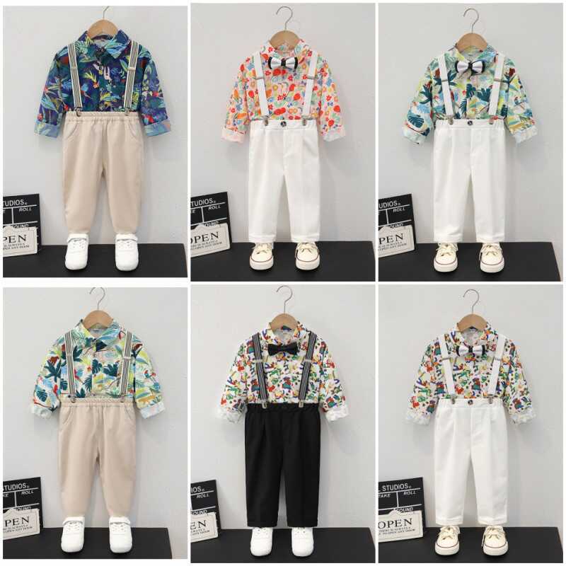 Children's Suit for Boys, Hong Kong Style, Handsome, Casual, Retro 80S Floral Shirt, Overalls, Performance Costume for Young and Middle-Aged Children