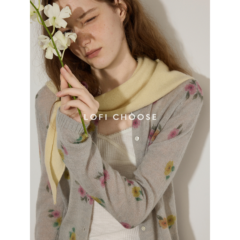 Lofi Choose Gradient Floral Print Thin Knit Cardigan for Women, New Autumn Design, Versatile Top