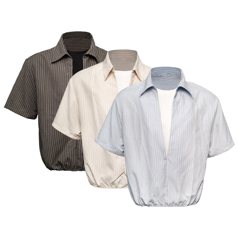 Down Minority Couple's Three-Color Striped Short-Sleeve Fake Two-Piece Summer T-Shirt with Drapey, Comfortable Lapel Shirt Down Minority Couple's Three-Color Striped Short-Sleeve Fake Two-Piece Summer T-Shirt with Drapey, Comfortable Lapel Shirt