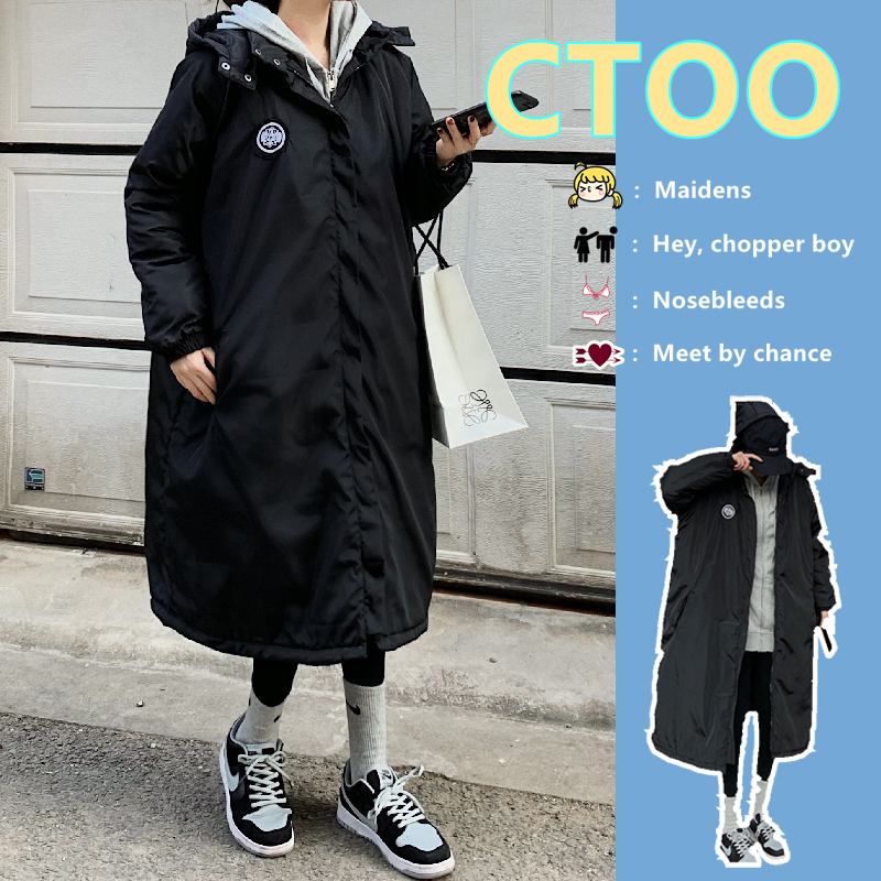 Plus-Size Women's Autumn and Winter New Hong Kong Style Black Thick Hooded Cotton Coat, Mid-Length Over-The-Knee Cotton Jacket for Plus-Size Women