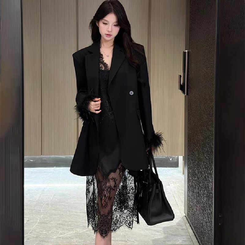 Plus Size Fat mm Pure Desire High-End Black Suit Jacket with Lace Dress Female Autumn and Winter Sexy Two-Piece Set