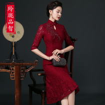 autumn and winter cheongsam mother's clothing wedding party burgundy dress mid length wedding greetings mother-in-law evening dress