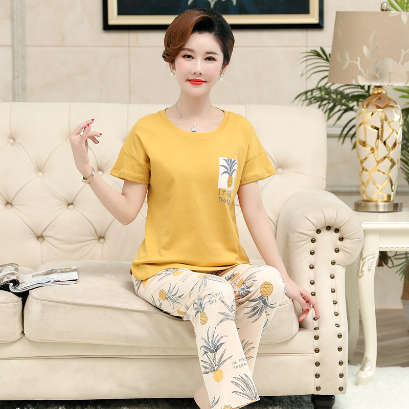 Pajamas ladies summer short sleeve pants cotton thin summer household clothing short sleeve plus size middle-aged mother suit