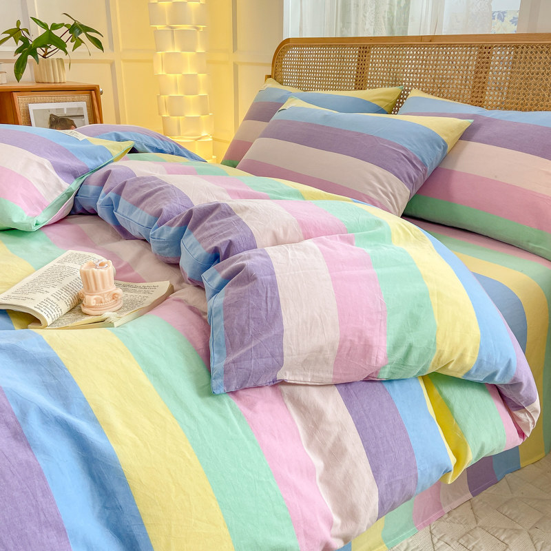 Class a Japanese-Style Full Cotton Yarn-Dyed Washed Cotton Bedding Four-Piece Set Pure Cotton Student Dormitory Duvet Cover Single Bed Three-Four-Piece Set